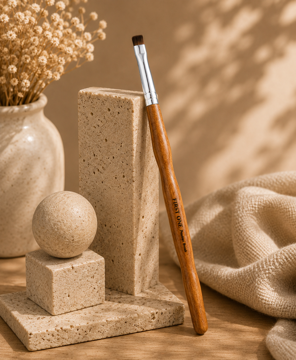Makeup brush with wooden handle on a textured surface next to decorative items. 

Straight Liner Brush — straight-cut synthetic bristles, precise firm tip. Text: ‘The line that defines everything — brows, lash line, waterline’. Clean controlled lines from whisper-thin to bold flick. Handcrafted in Seoul. 