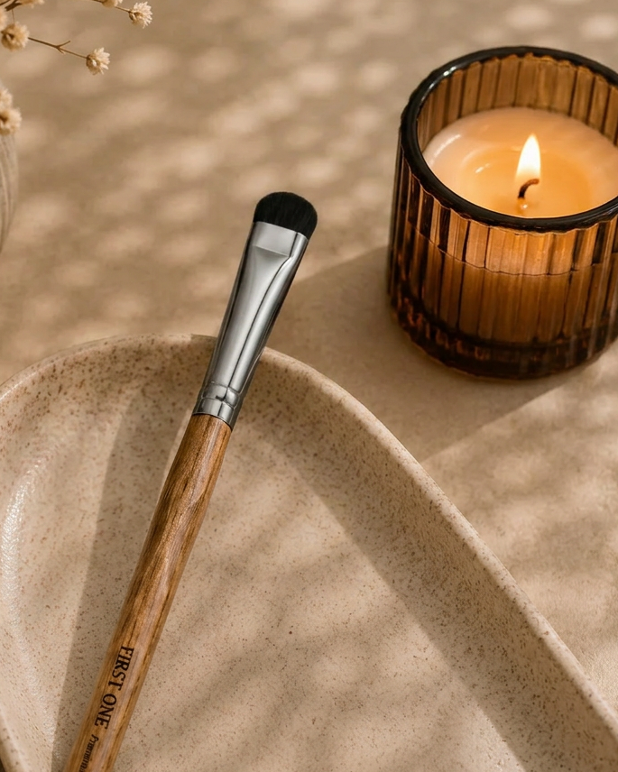 Makeup brush with wooden handle and silver ferrule next to a lit candle on a textured surface.  Shadow Moth Eyeshadow Brush — Detail & Blending Eye Brush. Flat 7.5mm head with premium pony hair bristles, sleek handle. Text: ‘Rich, saturated colour payoff — precision lid application’. Densely packed bristles, handcrafted quality, £12.00.