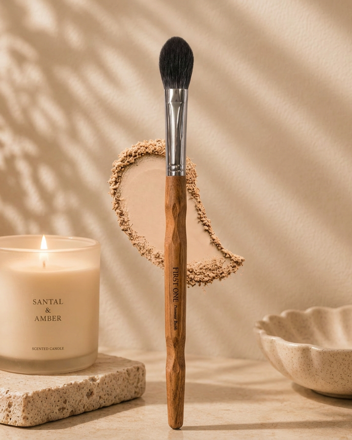 Makeup brush with cosmetic powder next to a Santal & Amber candle on a neutral background Black Fox Blusher Brush — Precise Cheek Brush. Compact 9mm head with premium black fox hair bristles, sleek handle. Text: ‘Black Fox Blusher Brush — flushed, warm, undeniably gorgeous’. Exceptionally soft, deeply pigmented bristles. £18.00.