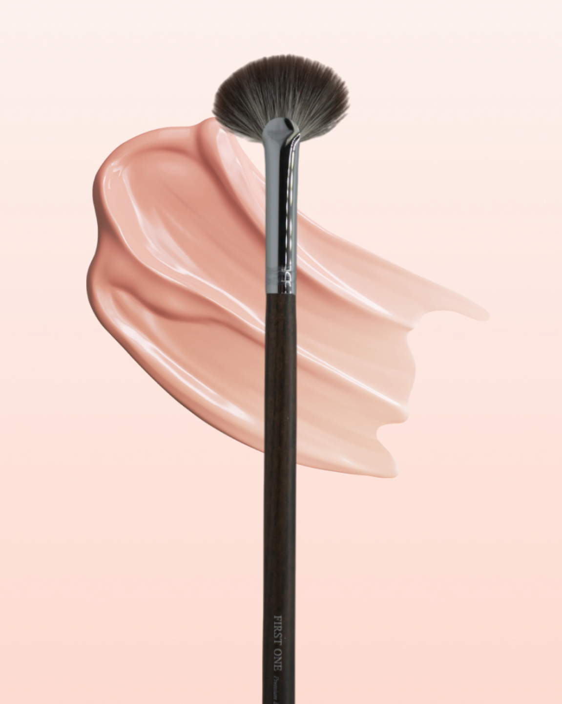 A 7mm makeup brush with a black handle and dark bristles, shown over a peach makeup smear on a light pink background. The image appears to be a screenshot from a storefront page with text and shopping interface elements visible.

Fan-shaped highlighter brush with sleek handle, ultra-soft dense bristles, displayed on neutral background. Text: ‘Fan Highlighter Brush — Precision Highlight & Glow Brush, The Golden Doe’. Premium craftsmanship, elegant design, soft warm lighting.