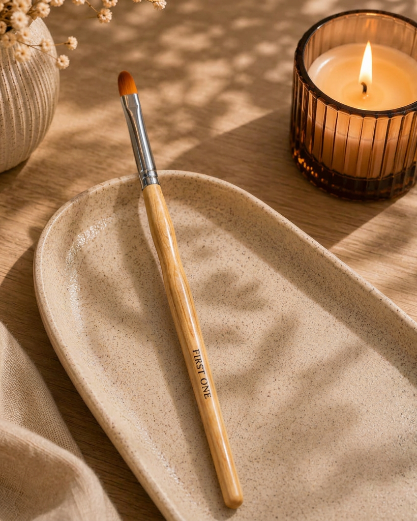 Makeup brush with wooden handle on a textured surface next to a lit candle The Lip Sculptor Brush — slim tapered tip, precision lip brush. Text: ‘Sculpts, defines, creates clean edges effortlessly’. Soft yet firm bristles, professional design. £12.00.
